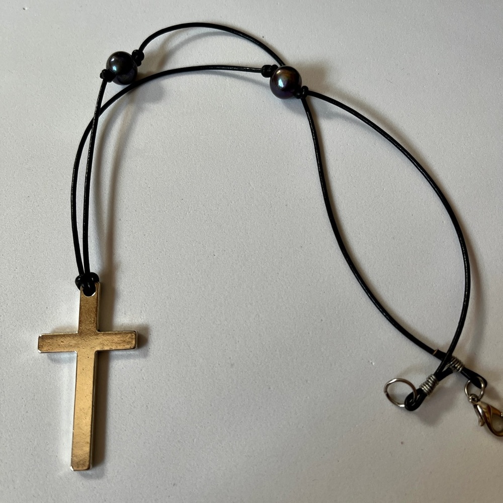 Leather, pearl, silver cross necklace